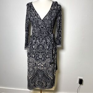 ANN TAYLOR WRAP DRESS WOMEN SIZE 4 BLACK TAN LONG SLEEVE PRINT